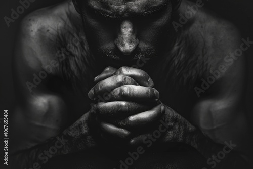 Man is praying with his hands clasped together. The image has a somber and contemplative mood