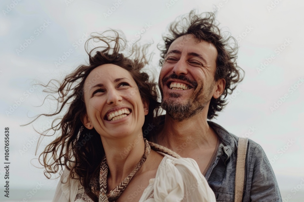 Happy and smiling couple in front of white sky Happy and smiling couple in front of white sky