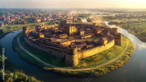 Concept of medieval town, castle locates on river island, surrounded by water, panoramic view at sunset. Culture and education concept 