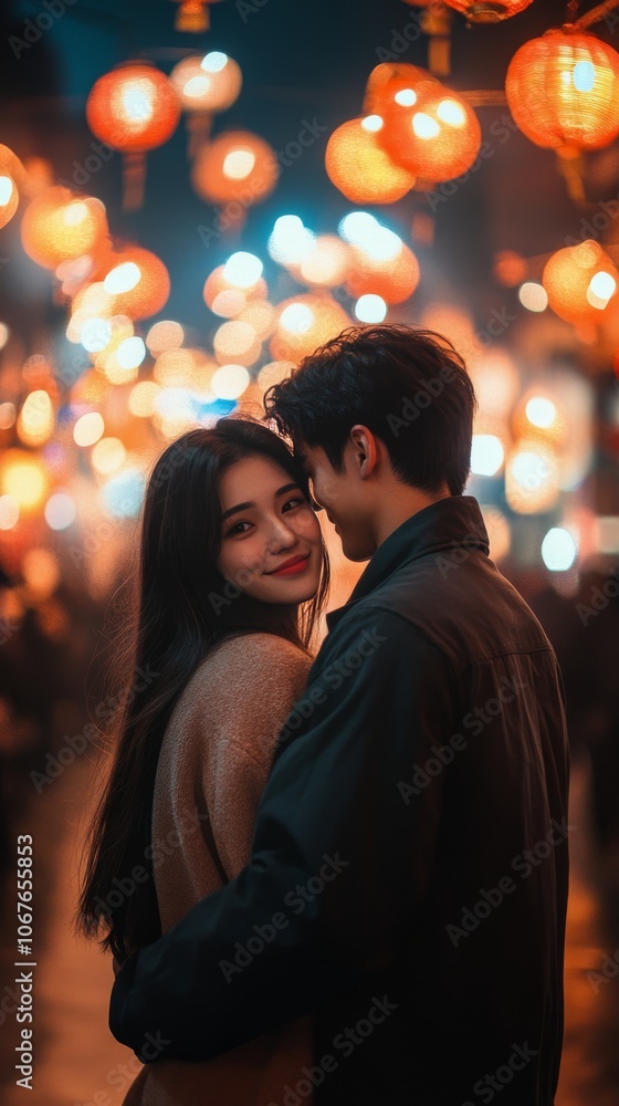 A couple embraces during a vibrant fireworks display in a lively city at night A couple embraces during a vibrant fireworks display in a lively city at night