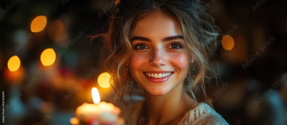 Close-up portrait of a smiling young woman holding a lit candle in a warm, inviting atmosphere. Close-up portrait of a smiling young woman holding a lit candle in a warm, inviting atmosphere.