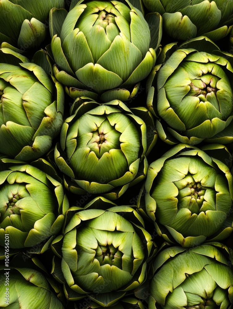 Obraz premium Close up of several green artichokes. The artichokes are all the same size and shape, and they are arranged in a way that makes them look like a group of people standing together