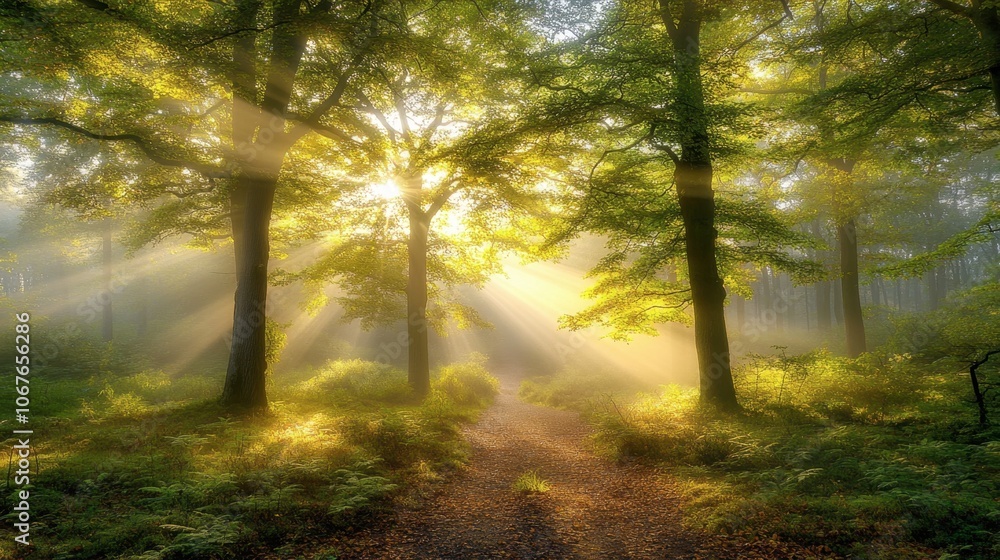 Obraz premium Serene Forest Path with Sunlight Through Trees