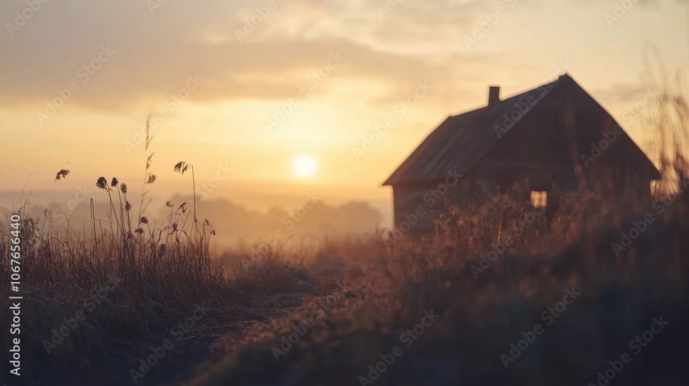 Serene Sunset Over Rustic Cabin in the Countryside Serene Sunset Over Rustic Cabin in the Countryside