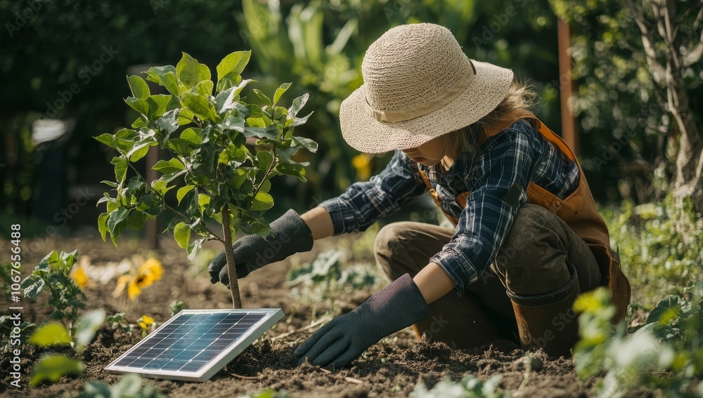 Young Gardener Embracing Nature and Technology in Sustainable Garden Young Gardener Embracing Nature and Technology in Sustainable Garden