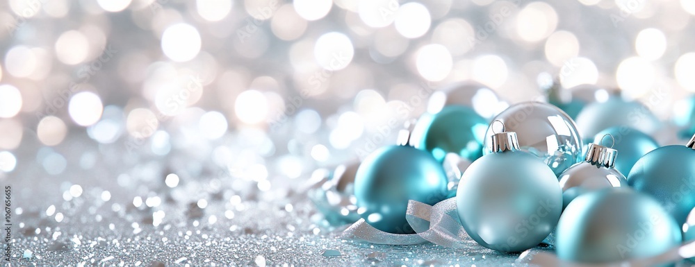 A festive arrangement of blue and silver Christmas ornaments. A festive arrangement of blue and silver Christmas ornaments.