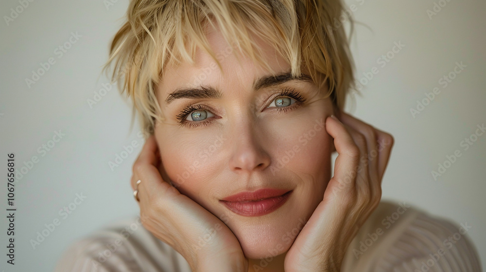 Naklejka premium Soft, close-up portrait of a woman with short blonde hair and expressive green eyes, resting her hands on her cheeks, exuding warmth, confidence, and elegance