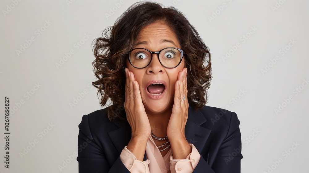 Surprised middle-aged woman with curly hair and glasses, hands on her cheeks, expressing shock or amazement. Neutral background enhances her expressive look Surprised middle-aged woman with curly hair and glasses, hands on her cheeks, expressing shock or amazement. Neutral background enhances her expressive look