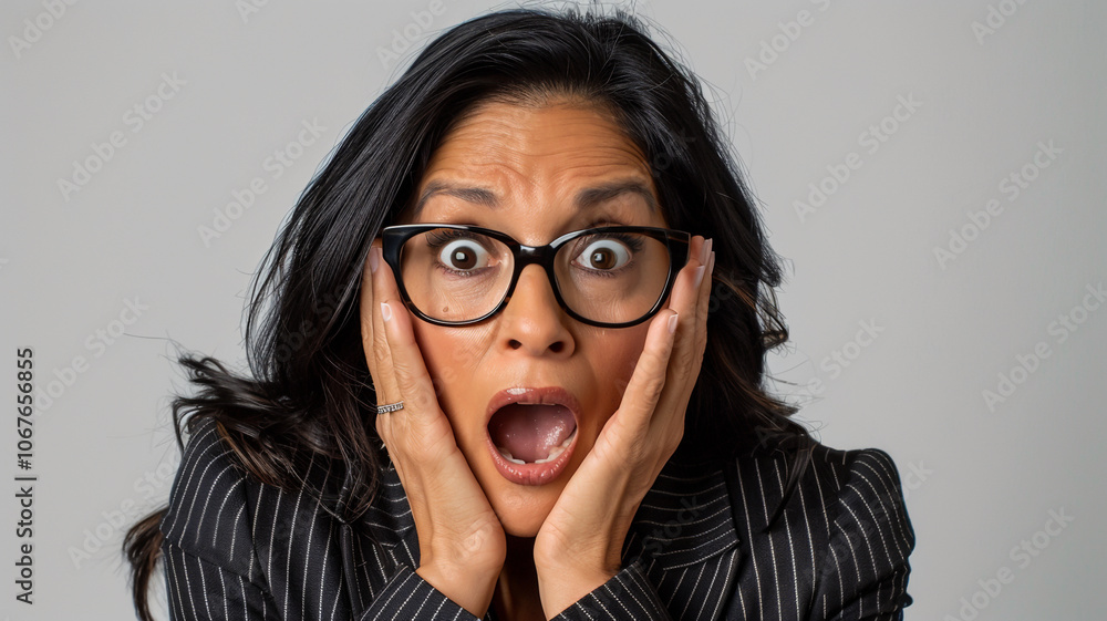 Surprised woman in pinstripe suit and glasses with hands on face, wide eyes, and open mouth, conveying shock and amazement in a close-up professional portrait Surprised woman in pinstripe suit and glasses with hands on face, wide eyes, and open mouth, conveying shock and amazement in a close-up professional portrait