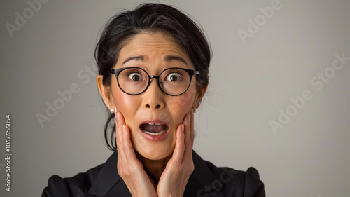 Shocked woman in black suit and glasses with hands on face, wide eyes, and open mouth, expressing surprise and disbelief in a dramatic close-up portrait