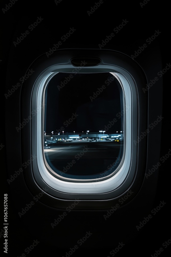 Window on an airplane with a city in the background. The window is dark and the city is lit up Window on an airplane with a city in the background. The window is dark and the city is lit up