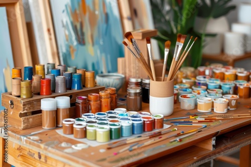 Vibrant art studio with brushes and paints on wooden table photo