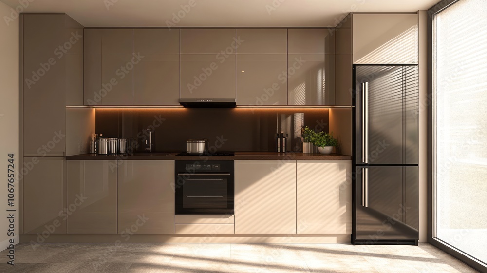 custom made wallpaper toronto digitalModern Kitchen Interior with Beige Cabinets, Black Appliances, and Sunlight Streaming In