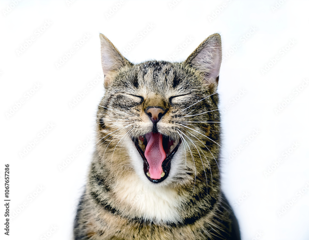 Obraz premium A cute and expressive tabby cat yawns with a wide open mouth and closed eyes, set against a clean white background. Perfect image depicting relaxation, cuteness, and animal behavior
