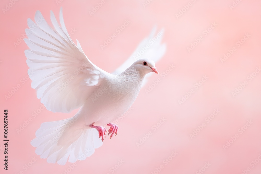 Close-up of a white dove with wings spread wide against a soft pastel background highlighting its grace and beauty Close-up of a white dove with wings spread wide against a soft pastel background highlighting its grace and beauty