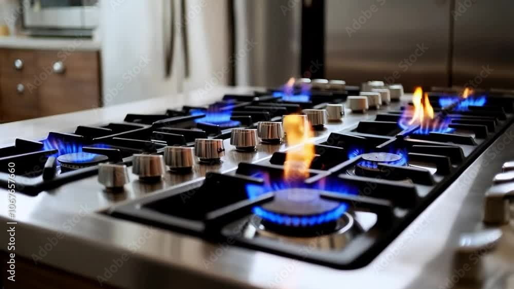 This clip showcases a gas stove in action, highlighting multiple burners ignited with bright blue flames, emphasizing efficient cooking in a kitchen setup This clip showcases a gas stove in action, highlighting multiple burners ignited with bright blue flames, emphasizing efficient cooking in a kitchen setup