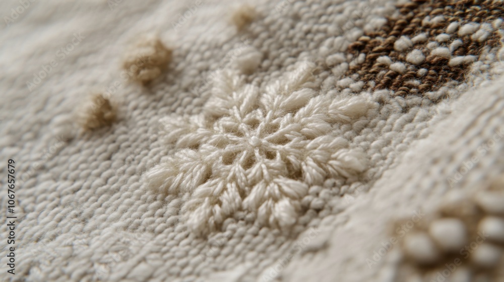 Detailed Snowflake Embroidery on Fabric Surface Detailed Snowflake Embroidery on Fabric Surface