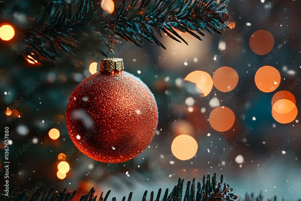A sparkling red ornament hangs on a snow-dusted Christmas tree at night. Generative AI A sparkling red ornament hangs on a snow-dusted Christmas tree at night. Generative AI