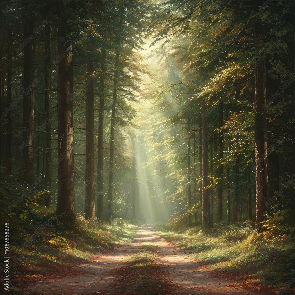 Fototapeta premium Sunlight filters through trees along a serene forest path.