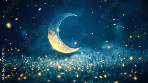 Dreamy Night Sky with Glowing Moon and Stars