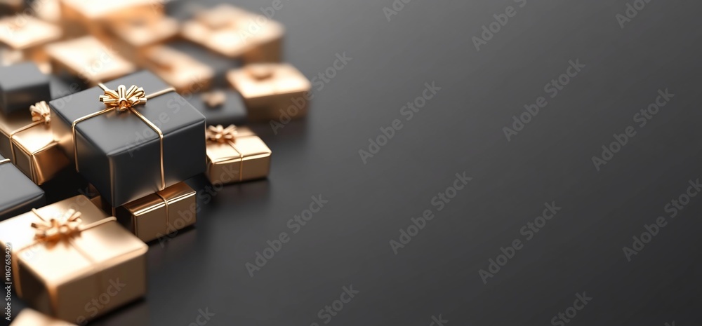 A collection of elegantly wrapped gifts on a sleek surface. A collection of elegantly wrapped gifts on a sleek surface.