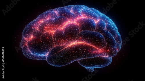 A glowing brain silhouette illuminated with colorful LED-like light against a dark background