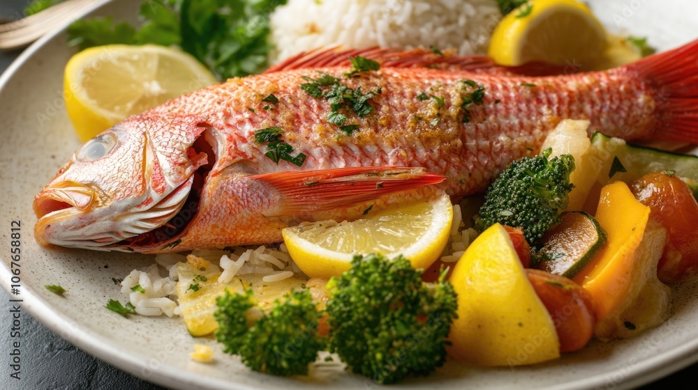 Plate of food with a fish, broccoli, and tomatoes. The fish is red and the broccoli is green Plate of food with a fish, broccoli, and tomatoes. The fish is red and the broccoli is green