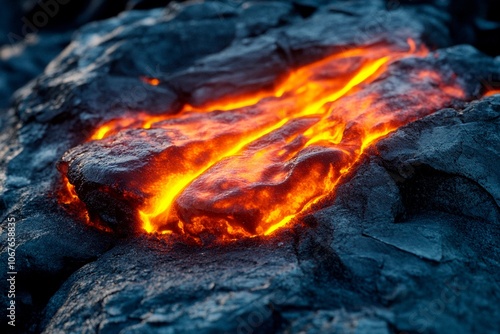 Lava flows gracefully over rocky terrain beneath a twilight sky. Generative AI