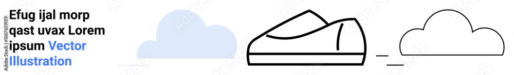 Casual shoe vector drawing, pale blue cloud, black outline cloud, and sample placeholder text for design context. Ideal for graphic designers, educational materials, weather themes, apparel industry Casual shoe vector drawing, pale blue cloud, black outline cloud, and sample placeholder text for design context. Ideal for graphic designers, educational materials, weather themes, apparel industry