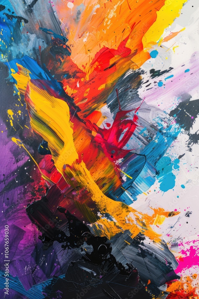 Painting with a lot of colors and splatters of paint. The colors are bright and the splatters are random. The painting seems to be abstract and chaotic Painting with a lot of colors and splatters of paint. The colors are bright and the splatters are random. The painting seems to be abstract and chaotic