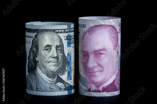 Fototapeta Naklejka Na Ścianę i Meble -  Macro shot of Turkish lira and US dollar, currency concepts standing side by side.