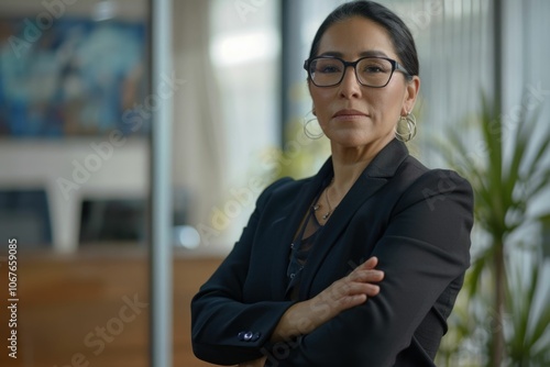 Confident Latin professional woman in office portrait.