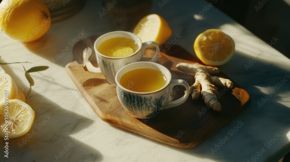 Two cups of tea sit on a wooden tray with a lemon wedge and a piece of ginger. The scene is warm and inviting, with the sunlight shining on the cups and the lemon wedge Two cups of tea sit on a wooden tray with a lemon wedge and a piece of ginger. The scene is warm and inviting, with the sunlight shining on the cups and the lemon wedge