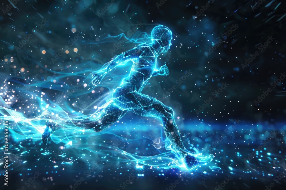 Man is running in a blue and white background with a lot of sparkles. Concept of energy and movement, as if the man is running through a futuristic or otherworldly environment Man is running in a blue and white background with a lot of sparkles. Concept of energy and movement, as if the man is running through a futuristic or otherworldly environment