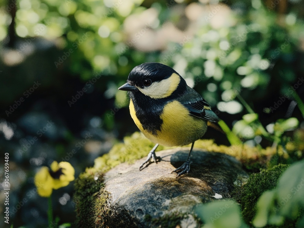 Obraz premium Small bird is perched on a rock in a lush green area. The bird is yellow and black, and it is enjoying the sunny day. The scene is peaceful and serene
