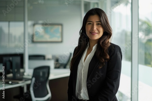 Confident Latin mid aged female executive in office portrait.