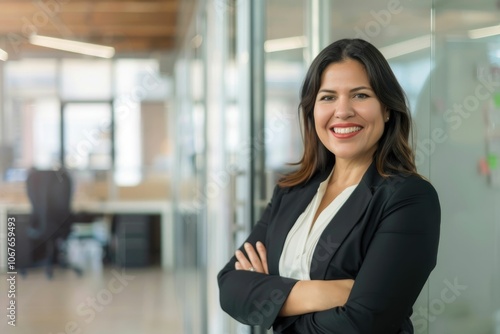 Confident Latin businesswoman in office smiling corporate leader portrait.