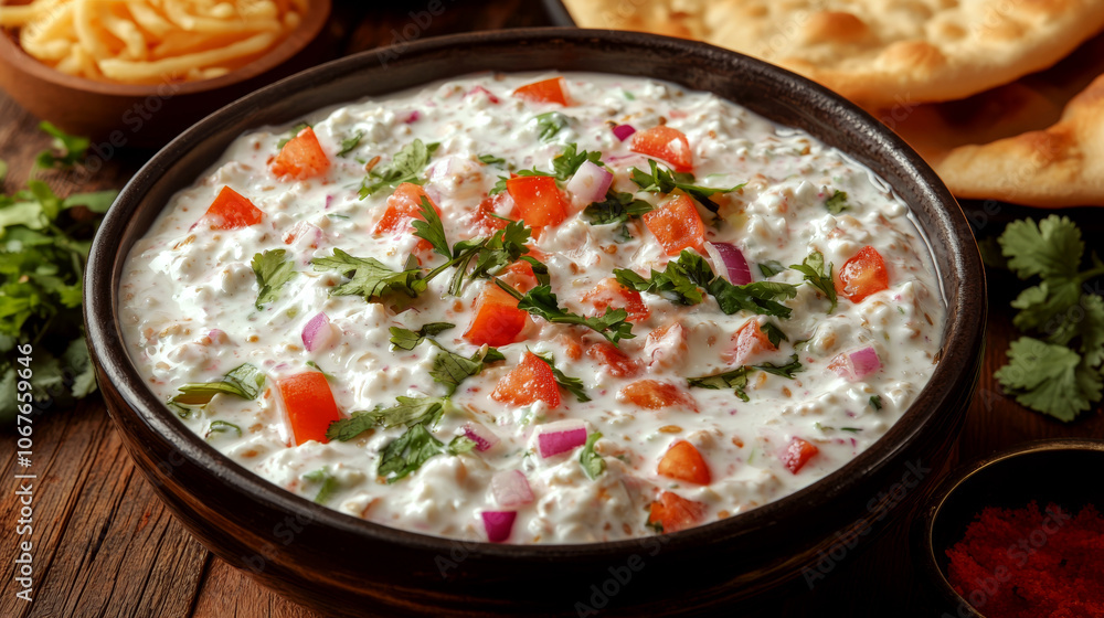 A bowl of yogurt salad with tomatoes, onions, and herbs is on a wooden table. Concept of delicious and fresh appetizer. A bowl of yogurt salad with tomatoes, onions, and herbs is on a wooden table. Concept of delicious and fresh appetizer.