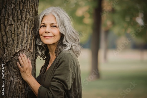 Serene older woman with gray hair poses in park portrait.