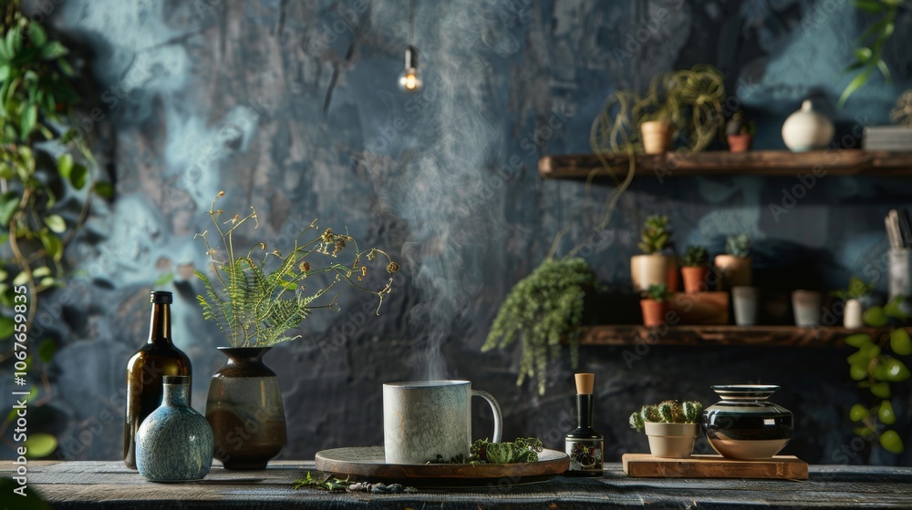 Fototapeta premium Rustic tea arrangement with potted plants in moody setting