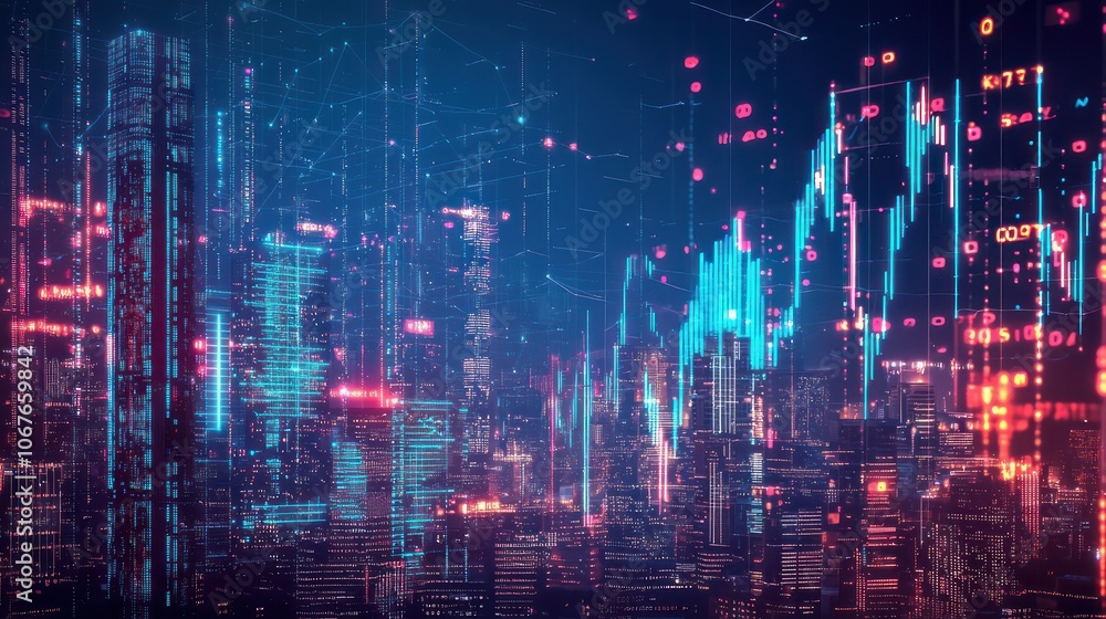 Forex chart and big data over a city backdrop, representing trade and technology Forex chart and big data over a city backdrop, representing trade and technology