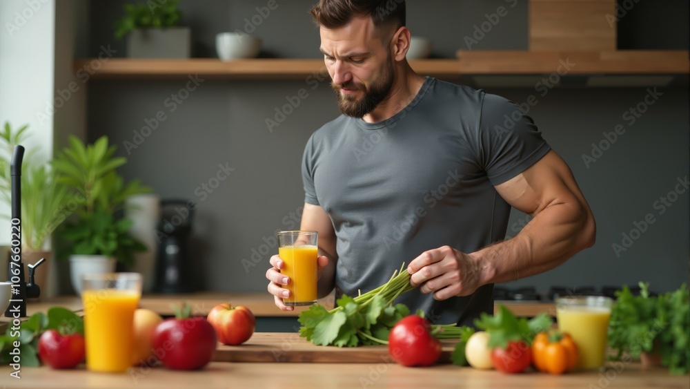 A fit individual enjoys vibrant smoothies in a well-lit kitchen filled with fresh produce A fit individual enjoys vibrant smoothies in a well-lit kitchen filled with fresh produce