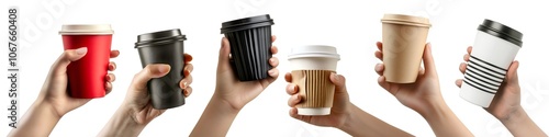 Collection set of hand holding disposable takeaway paper craft cup with cover lid in different angle on transparent background cutout PNG file. Many style and pose. Mockup template for artwork design photo