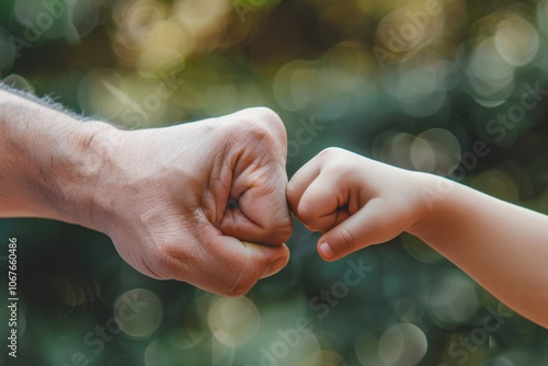 A childs fist placed over an olders one showing gestures of agreement and encouragement. photo