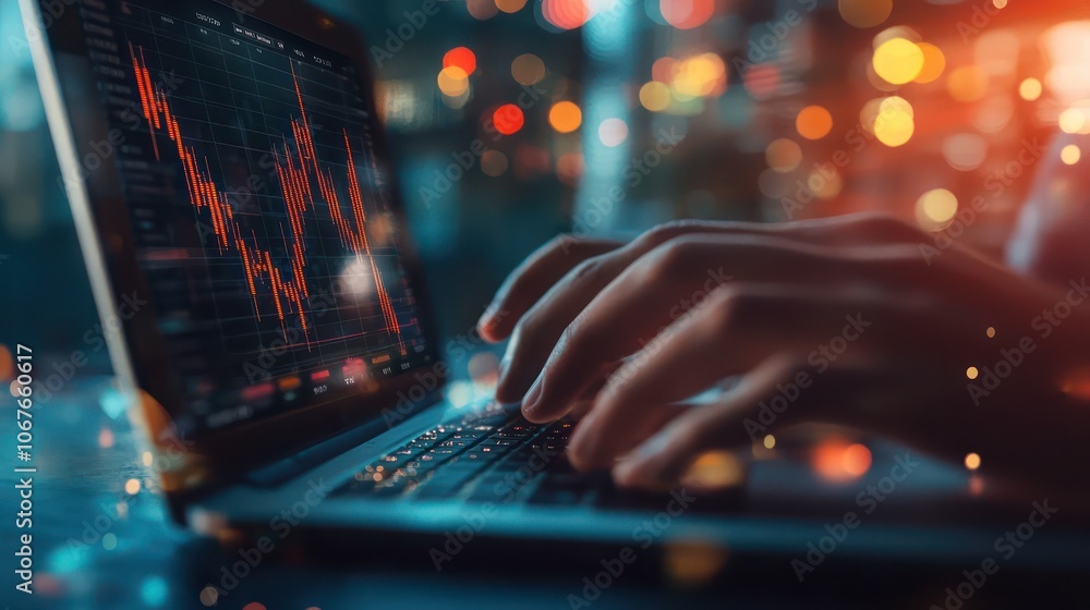 a businessmana??s hands working on a laptop, with a glowing forex trading interface in the background, representing market analysis and economic forecasting a businessmana??s hands working on a laptop, with a glowing forex trading interface in the background, representing market analysis and economic forecasting
