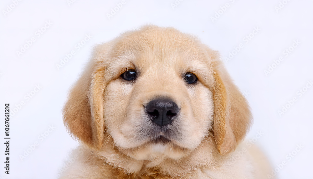 A fluffy golden retriever puppy with an adorable expression sits against a white background, showcasing its soft fur and innocent eyes. Ideal for themes of cuteness, pets, and companionship A fluffy golden retriever puppy with an adorable expression sits against a white background, showcasing its soft fur and innocent eyes. Ideal for themes of cuteness, pets, and companionship