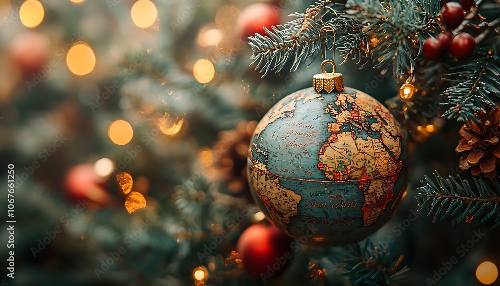 A globe ornament hanging from a festive holiday tree, symbolizing global celebration and unity during the holiday season. A globe ornament hanging from a festive holiday tree, symbolizing global celebration and unity during the holiday season.