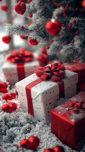 Festive Christmas gifts with red heart decorations under a decorated tree photo