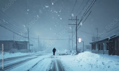 A lone figure braving a blizzard, navigating a deserted street littered with debris from a recent power outage.