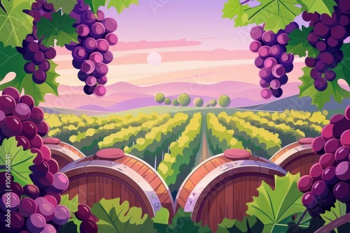 Scenic vineyard at sunset with wooden barrels and ripe grapes